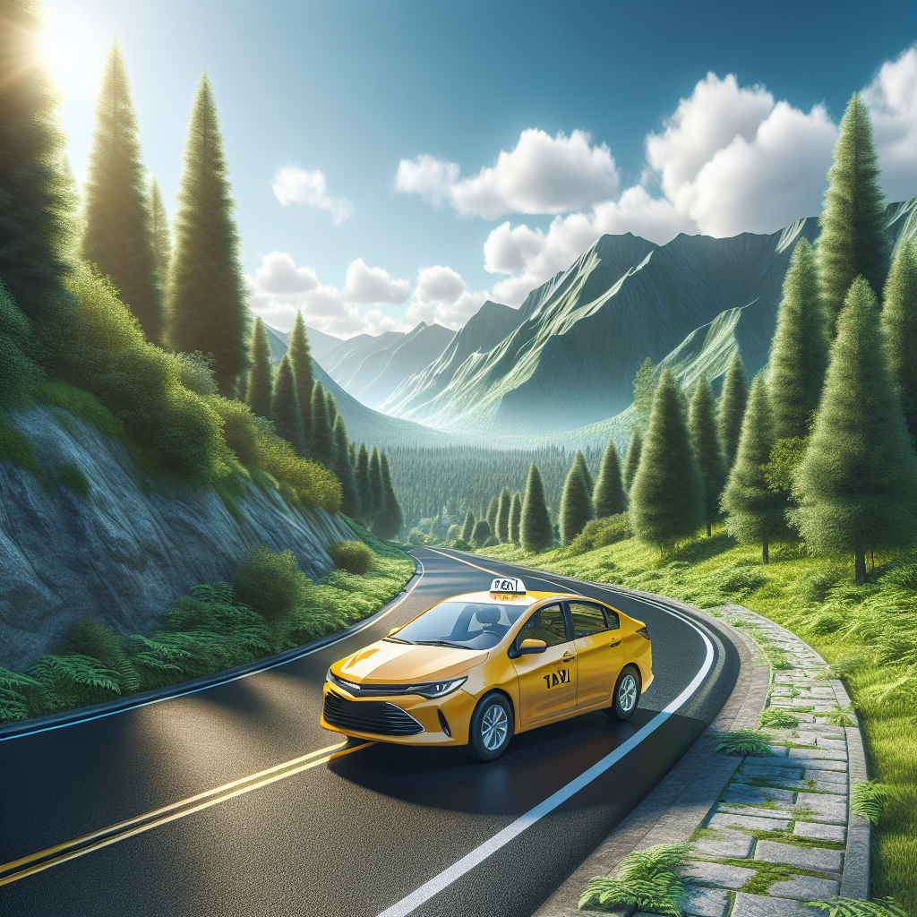 Realistic stock image of taxi in mountain road.